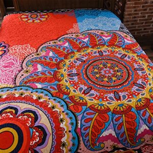 LAMEJOR Quilt Set Queen Size Boho 3-Piece Bedspread Coverlet Set Lightweight Mandala Pattern Reversible Microfiber Multicolor