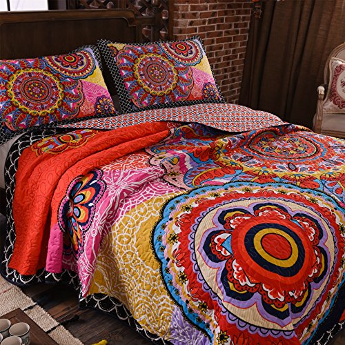 LAMEJOR Quilt Set Queen Size Boho 3-Piece Bedspread Coverlet Set Lightweight Mandala Pattern Reversible Microfiber Multicolor