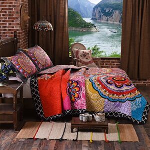 LAMEJOR Quilt Set Queen Size Boho 3-Piece Bedspread Coverlet Set Lightweight Mandala Pattern Reversible Microfiber Multicolor