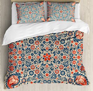 ambesonne paisley duvet cover set, floral ornate pattern cultural folk persian middle eastern, decorative 3 piece bedding set with 2 pillow shams, queen size, night blue orange tan