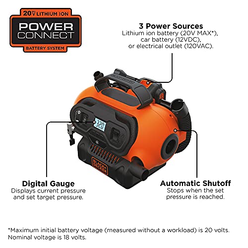 BLACK+DECKER 20V MAX* Cordless Tire Inflator, Cordless & Corded Power, Tool Only (BDINF20C)