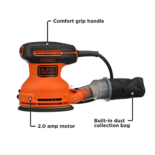 BLACK+DECKER Orbital Sander, 5 Inch, 2.0 Amp, 12000 OPM, Corded, 1 Sandpaper Sheet and Dust Bag Included (BDERO100)