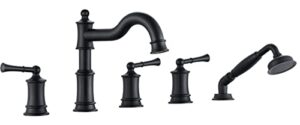 winkear roman tub faucet set with handheld shower 5 hole deck mount tub filler with diverter, 3 lever handle rough-in valve and water supply lines included for bathroom tub, matte black
