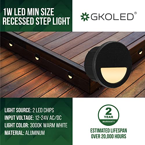 GKOLED 12 Pack Recessed Low Voltage LED Step Riser Light, Φ0.94 Mini Size Halfmoon Landscape Lighting for Outdoor Deck Stair Railing Post, 12V 3000K, Die-cast Aluminum, Black Powder Coated Finish