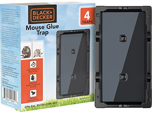 BLACK+ DECKER Glue Traps for Mouse & Insect- Heavy- Duty Sticky Traps for Mice, Small Rats, Flies, Cockroaches & Other Bugs- 4 Pre-Baited Trays- Odorless Pest Remover