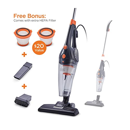 Black and Decker 3 in 1 Convertible Corded Upright Stick Handheld Vacuum Cleaner w/Crevice Tool & Small Brush Attachment Accessories, Gray and Orange