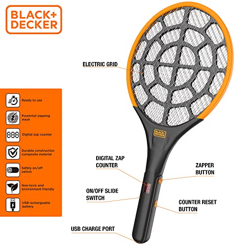 BLACK+DECKER Bug Zapper Fly Swatter Electric - Fly Zapper & Bug Zapper Indoor & Outdoor- Heavy Duty w/Counter for Flies, Mosquitoes, Gnats & Other Small to Large Flying Pests