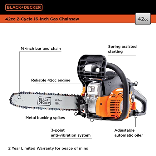 BLACK+DECKER Gas Powered Chainsaw, 16-inch, 42cc, 2-Cycle (BXGCS1642P)