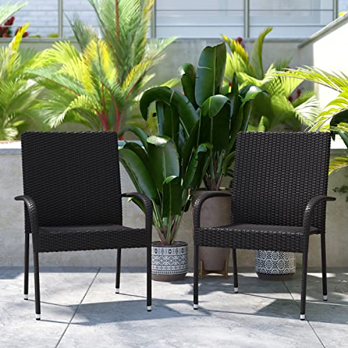 Flash Furniture Maxim Indoor/Outdoor Wicker Dining Chairs with Fade & Weather-Resistant Steel Frames for Patio and Deck, Set of 2, Black