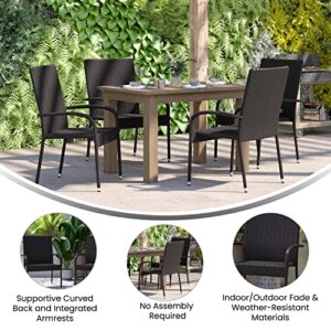 Flash Furniture Maxim Indoor/Outdoor Wicker Dining Chairs with Fade & Weather-Resistant Steel Frames for Patio and Deck, Set of 2, Black