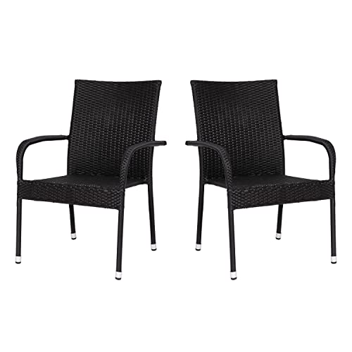 Flash Furniture Maxim Indoor/Outdoor Wicker Dining Chairs with Fade & Weather-Resistant Steel Frames for Patio and Deck, Set of 2, Black