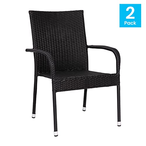 Flash Furniture Maxim Indoor/Outdoor Wicker Dining Chairs with Fade & Weather-Resistant Steel Frames for Patio and Deck, Set of 2, Black