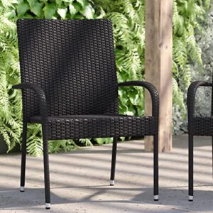 Flash Furniture Maxim Indoor/Outdoor Wicker Dining Chairs with Fade & Weather-Resistant Steel Frames for Patio and Deck, Set of 2, Black