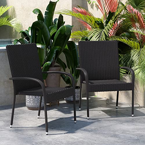 Flash Furniture Maxim Indoor/Outdoor Wicker Dining Chairs with Fade & Weather-Resistant Steel Frames for Patio and Deck, Set of 2, Black