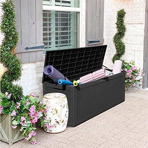 GUNJI 100 Gallons Outdoor Storage Box Waterproof Large Resin Deck Box Patio Storage Bench Lockable Storage Container for Outdoor Cushions, Pool Supplies and Garden Tools (Black)