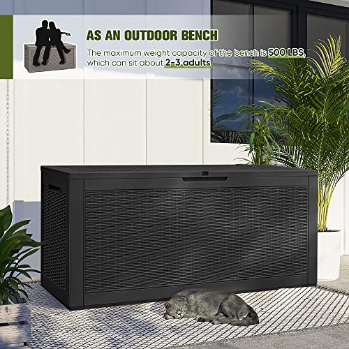 GUNJI 100 Gallons Outdoor Storage Box Waterproof Large Resin Deck Box Patio Storage Bench Lockable Storage Container for Outdoor Cushions, Pool Supplies and Garden Tools (Black)