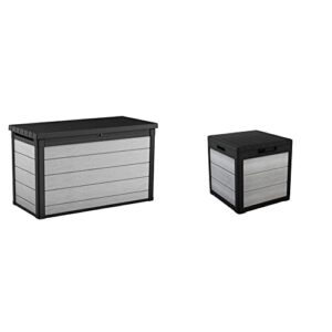 keter denali 200 gallon resin large deck box, grey/black & denali 30 gallon resin deck box for patio furniture, pool accessories, and storage for outdoor toys, grey/black