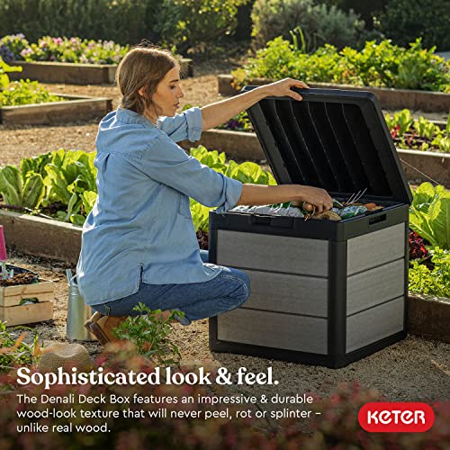 KETER Denali 200 Gallon Resin Large Deck Box, Grey/Black & Denali 30 Gallon Resin Deck Box for Patio Furniture, Pool Accessories, and Storage for Outdoor Toys, Grey/Black