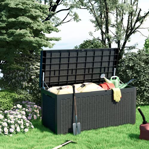 Greesum 100 Gallon Resin Deck Box Large Outdoor Storage for Patio Furniture, Garden Tools, Pool Supplies, Weatherproof and UV Resistant, Lockable, Dark Black