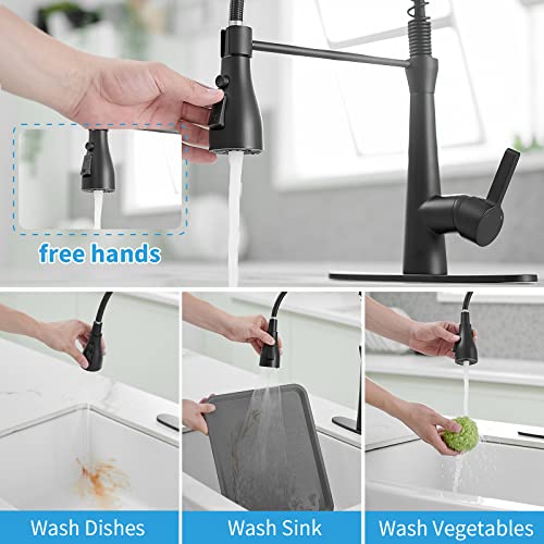 Evolvegoods Black Kitchen Faucet with Pull Down Sprayer Commercial High Arc Spring Single Handle Kitchen Sink Faucet with 10" Deck Plate for Kitchen Sink 1 or 3 Hole