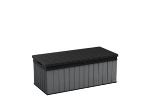 keter darwin 100 gallon resin large deck box – organization and storage for patio furniture, outdoor cushions, garden tools and pool toys, grey & black
