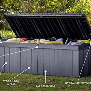 Keter Darwin 100 Gallon Resin Large Deck Box - Organization and Storage for Patio Furniture, Outdoor Cushions, Garden Tools and Pool Toys, Grey & Black