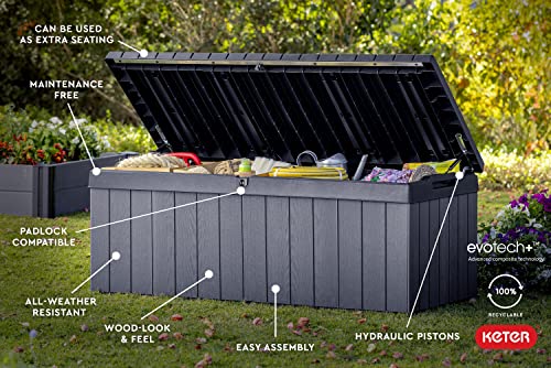 Keter Darwin 100 Gallon Resin Large Deck Box - Organization and Storage for Patio Furniture, Outdoor Cushions, Garden Tools and Pool Toys, Grey & Black
