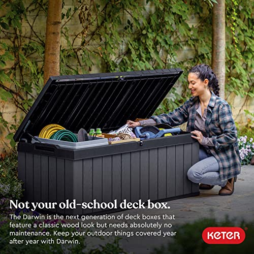 Keter Darwin 100 Gallon Resin Large Deck Box - Organization and Storage for Patio Furniture, Outdoor Cushions, Garden Tools and Pool Toys, Grey & Black