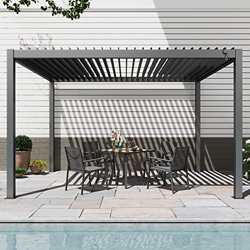 LAUSAINT HOME Outdoor Louvered Pergola 10'x13' with Gutter, Well Engineered Waterproof Aluminum Gazebo Kit with Adjustable Roof for Patio, Garden and Deck, All Aluminum, Black