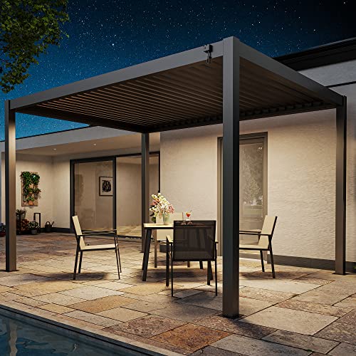 LAUSAINT HOME Outdoor Louvered Pergola 10'x13' with Gutter, Well Engineered Waterproof Aluminum Gazebo Kit with Adjustable Roof for Patio, Garden and Deck, All Aluminum, Black