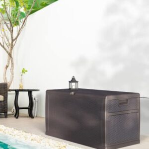 DEXSO Deck Box 120 Gallons Outdoor Storage Box for Patio Cushions Pillows Sofa Cover Gardening Tools Kids Toy Pool Towel & Chemicals, Open & Close with One Hand, Black