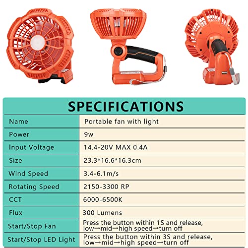 YEX-BUR Cordless Fan with Remote for Black & Decker 20V Li-ion Battery Portable Handheld Fan with 3 Speeds & 3 Mode Adjustable LED Light & USB-A Charging Port for Outdoor Camping