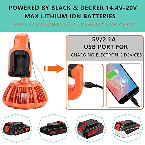 YEX-BUR Cordless Fan with Remote for Black & Decker 20V Li-ion Battery Portable Handheld Fan with 3 Speeds & 3 Mode Adjustable LED Light & USB-A Charging Port for Outdoor Camping