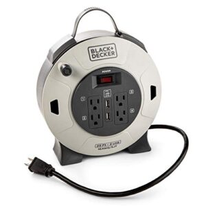 black+decker 25 ft. retractable extension cord reel with 4 outlets, 2 usb ports, multi-plug extension, on/off switch & heavy-duty 16awg sjt cable