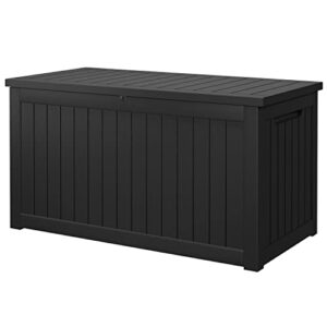 greesum 230 gallon resin deck box large outdoor storage for patio furniture, garden tools, pool supplies, weatherproof and uv resistant, lockable, dark black