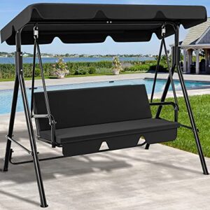 yitahome 3-seat porch swing outdoor heavy duty patio swing chair with stand adjustable canopy soft cushion for garden, patio, lawn, balcony and deck, black