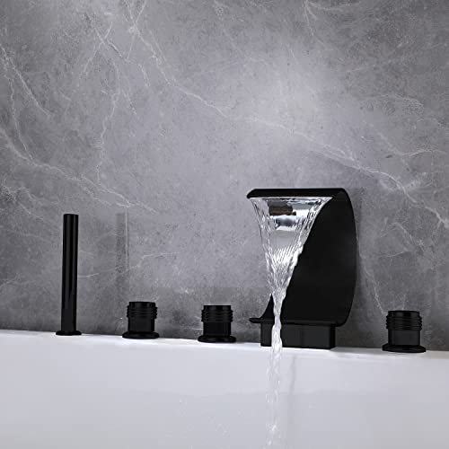 AZOS Waterfall Roman Tub Filler Faucet Deck Mount Widespread Bathroom Bathtub Faucet 5 Hole 3 Handles Black Waterfall Tub Filler Faucet Bathtub Faucet