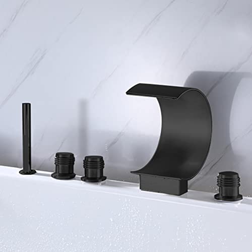 AZOS Waterfall Roman Tub Filler Faucet Deck Mount Widespread Bathroom Bathtub Faucet 5 Hole 3 Handles Black Waterfall Tub Filler Faucet Bathtub Faucet