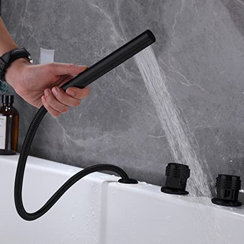 AZOS Waterfall Roman Tub Filler Faucet Deck Mount Widespread Bathroom Bathtub Faucet 5 Hole 3 Handles Black Waterfall Tub Filler Faucet Bathtub Faucet