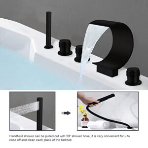 AZOS Waterfall Roman Tub Filler Faucet Deck Mount Widespread Bathroom Bathtub Faucet 5 Hole 3 Handles Black Waterfall Tub Filler Faucet Bathtub Faucet