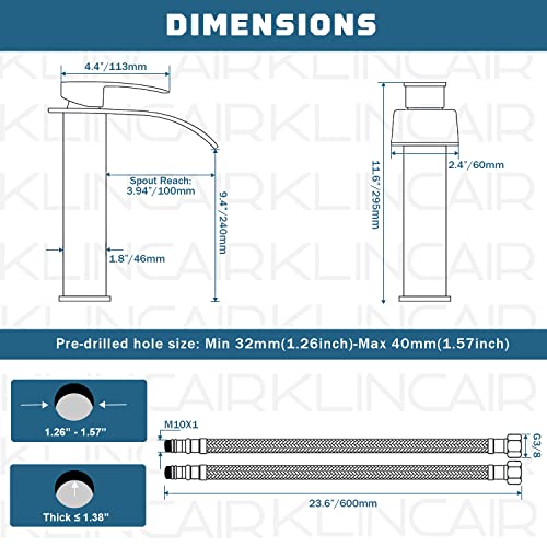 KLINCAIR Bathroom Vessel Bowl Sink Faucet Matte Black, 11 Inch Tall Waterfall Spout Single Handle & Single Hole Deck Mount Lavatory Vanity Mixer Tap with Pop up Sink Drain with Strainer Hair Catcher