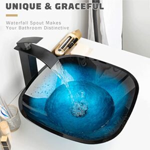 KLINCAIR Bathroom Vessel Bowl Sink Faucet Matte Black, 11 Inch Tall Waterfall Spout Single Handle & Single Hole Deck Mount Lavatory Vanity Mixer Tap with Pop up Sink Drain with Strainer Hair Catcher