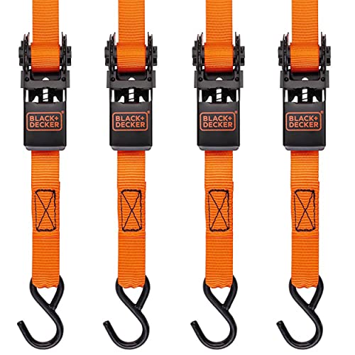 BLACK+DECKER BD1005 Black/Orange 1" x 10' Ratchet Tie Down Straps - Light-Duty (900 lb Break Strength), 4 Pack