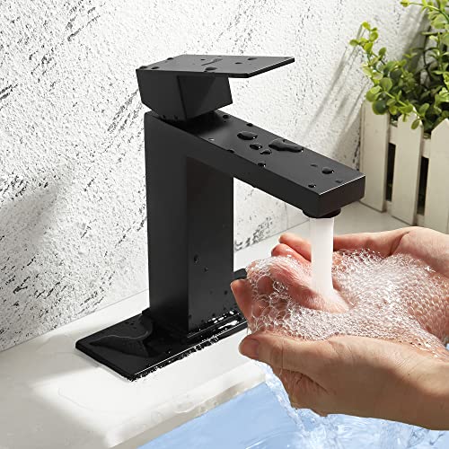 SKOWLL Bathroom Sink Faucet Single Handle One Hole Vanity Faucet Deck Mount Bath Faucet with Deck Plate, Matte Black