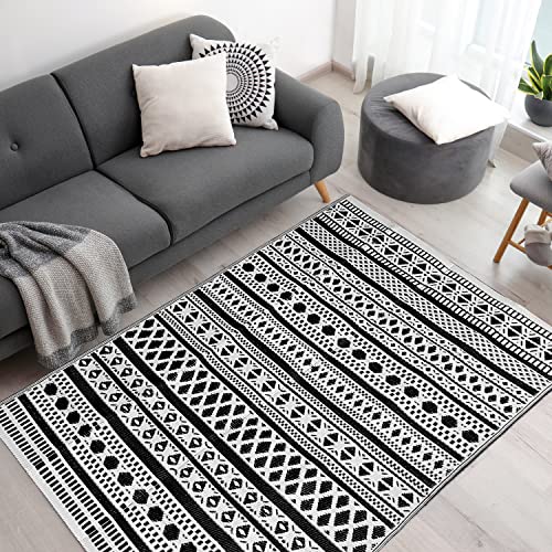 Reversible Waterproof Outdoor Rug Tangier – 5’ x 8’ Black & White – Polypropylene Straw Mat for Camping, RV, Trailer, Indoor, Terrace, Deck, Backyard & Garden – Large Modern Area by LUOMU RUGS