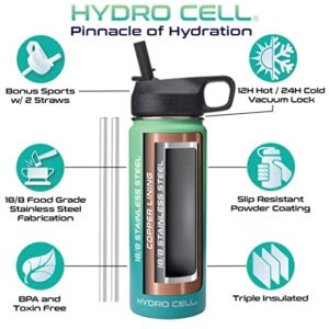 HYDRO CELL Stainless Steel Triple Insulated Water Bottle, 2 Lids (64oz 40oz 32oz 24oz 18oz 14oz) - Metal Vacuum Flask with Modern Leakproof Sport Straw Design for Kids and Adults (Mint/Green - 18oz)