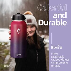 Elvira 32oz Vacuum Insulated Stainless Steel Water Bottle with Straw & Spout Lids, Double Wall Sweat-proof BPA Free to Keep Beverages Cold For 24Hrs or Hot For 12Hrs-Wine Red/Violet Gradient