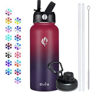 Elvira 32oz Vacuum Insulated Stainless Steel Water Bottle with Straw & Spout Lids, Double Wall Sweat-proof BPA Free to Keep Beverages Cold For 24Hrs or Hot For 12Hrs-Wine Red/Violet Gradient