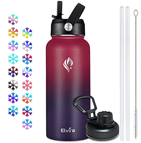 Elvira 32oz Vacuum Insulated Stainless Steel Water Bottle with Straw & Spout Lids, Double Wall Sweat-proof BPA Free to Keep Beverages Cold For 24Hrs or Hot For 12Hrs-Wine Red/Violet Gradient