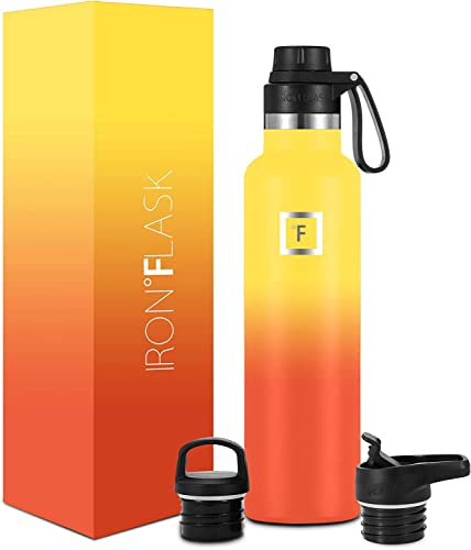 IRON °FLASK Sports Water Bottle - 24 Oz, 3 Lids (Spout Lid), Leak Proof, Vacuum Insulated Stainless Steel, Hot Cold, Double Walled, Thermo Mug, Standard Metal Canteen